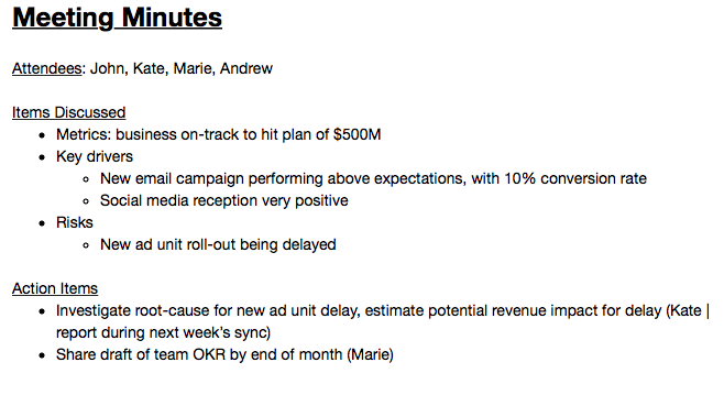 회의가 끝나고 팀원들에게 보내는 회의록 예제